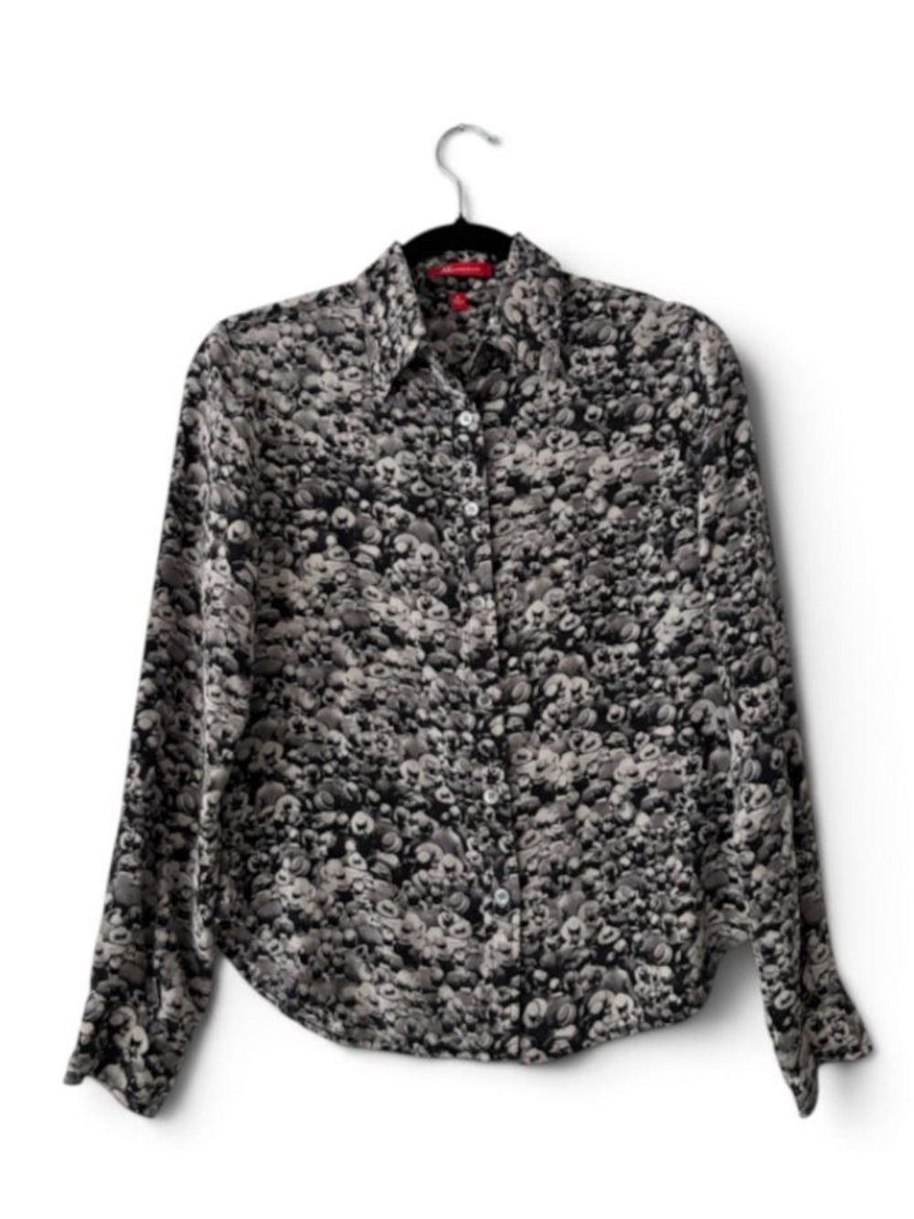 Anne Klein 100% Silk Black White Photo Crowd Print Button Down Blouse Size 6